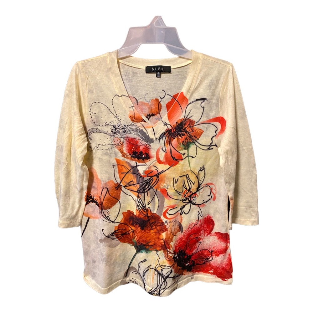 B.L.E.U. Watercolor Floral Knit Pullover V-neck Shirt Top Blouse Medium Poppy